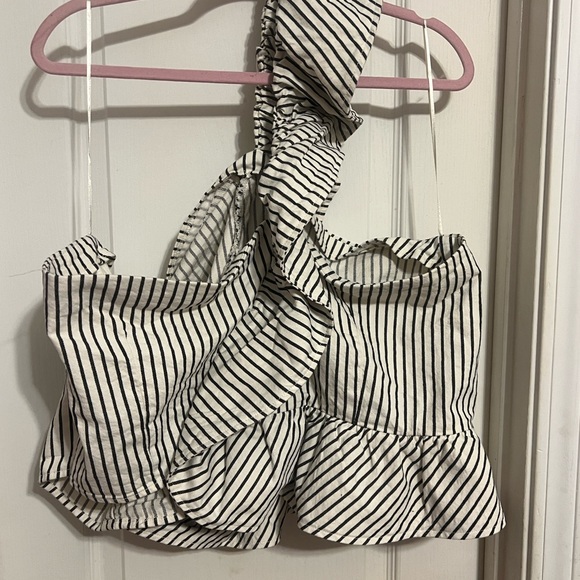 Future Collective One Shoulder Black/White Striped Shirt - Picture 2 of 3